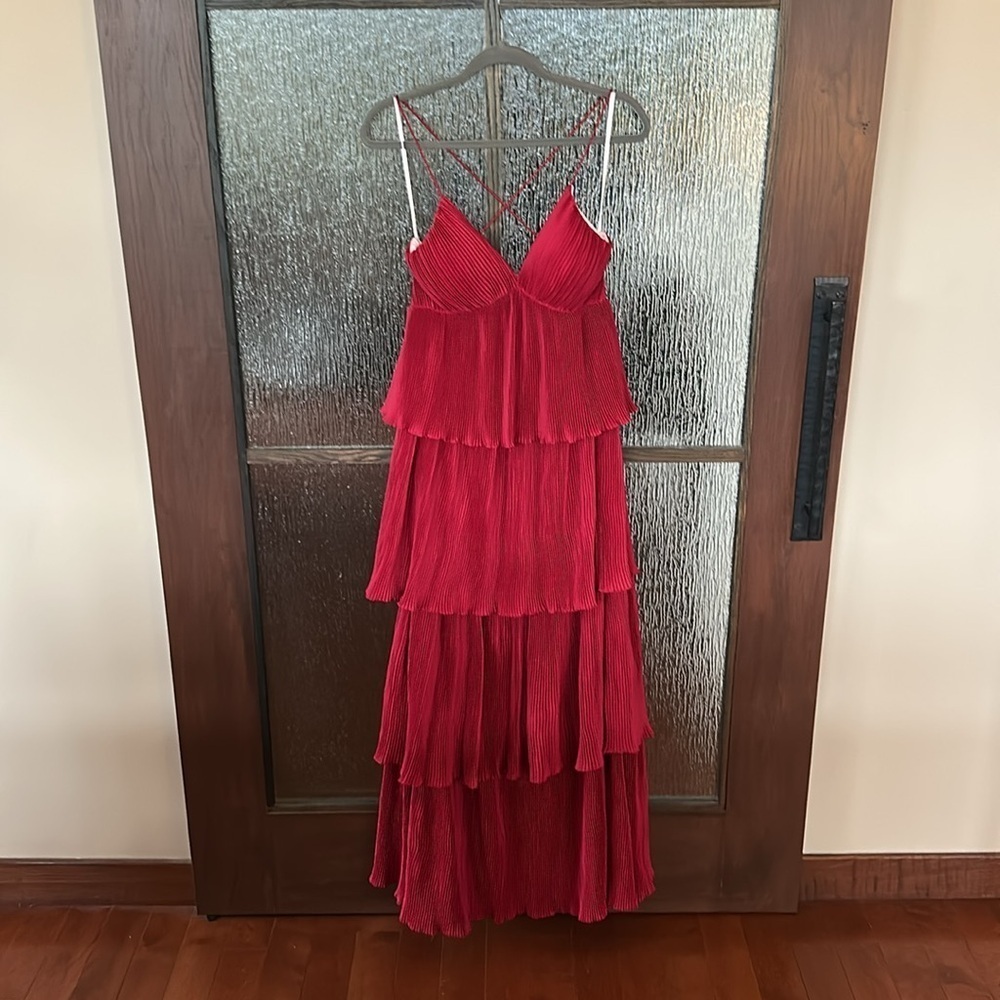 MAC DUGGAL 49083 SPAGHETTI STRAP RUFFLE LAYERED MAXI RED GOWN sz 4 - Picture 6 of 11